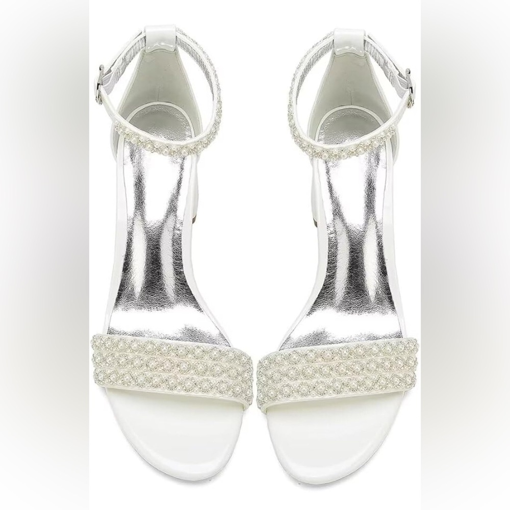Block Heel Beaded Wedding Sandals Open Toe Ankle Strap Style